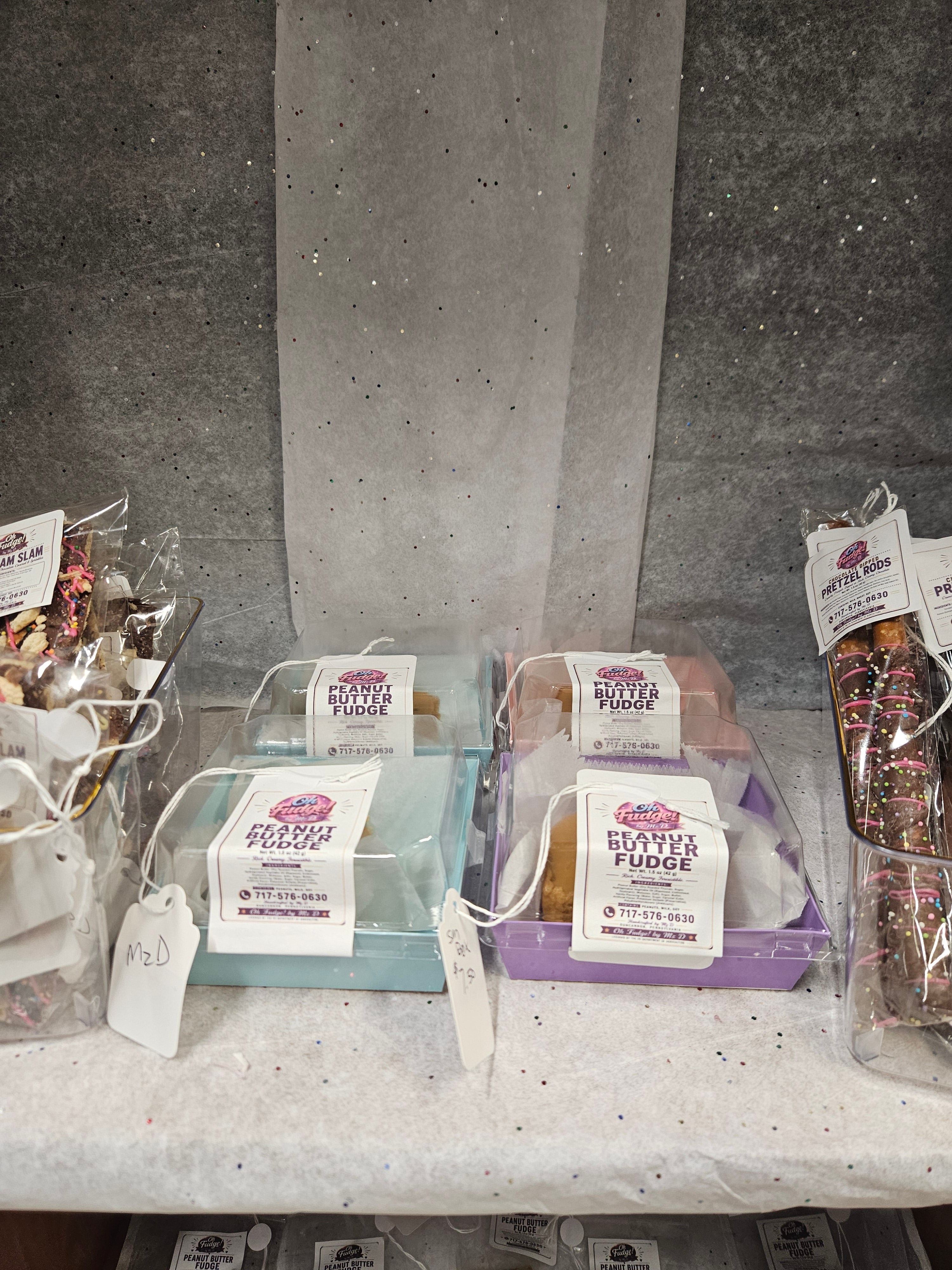 Peanut Butter Fudge boxes displayed on a table